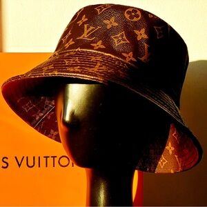Louis Vuitton Monogram Leather Bucket Hat LV Brown Yellow Jacquard Brown